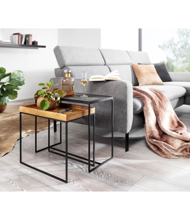 Wohnling salontafel set van 2 mango massief hout / steenlook bijzettafel vierkant | Design bijzettafel Industrieel | Salontafel Rechthoekige salontafel | Placemat 2-delige nesttafel