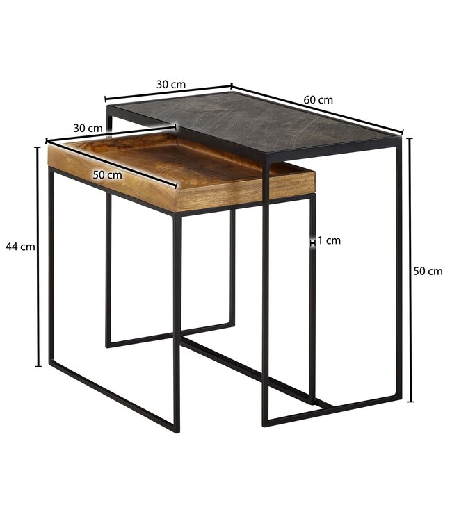 Wohnling salontafel set van 2 mango massief hout / steenlook bijzettafel vierkant | Design bijzettafel Industrieel | Salontafel Rechthoekige salontafel | Placemat 2-delige nesttafel