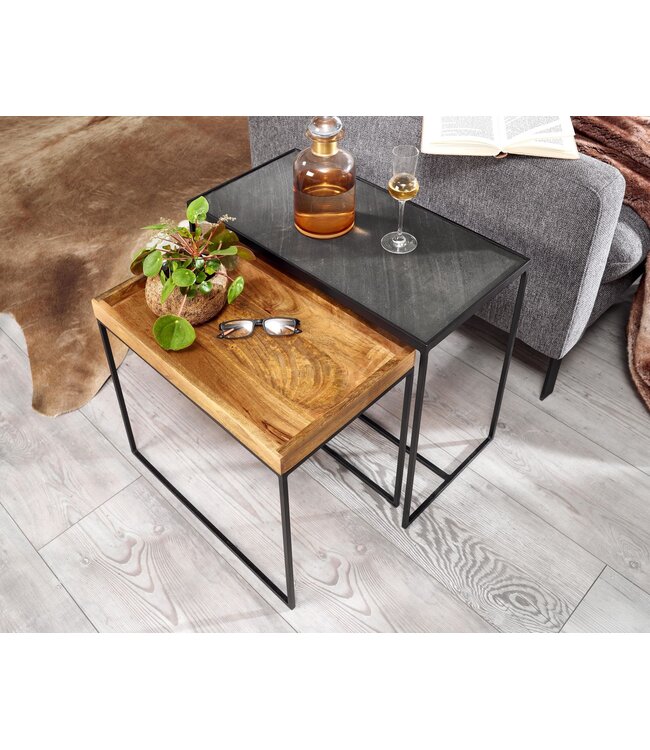 Wohnling salontafel set van 2 mango massief hout / steenlook bijzettafel vierkant | Design bijzettafel Industrieel | Salontafel Rechthoekige salontafel | Placemat 2-delige nesttafel