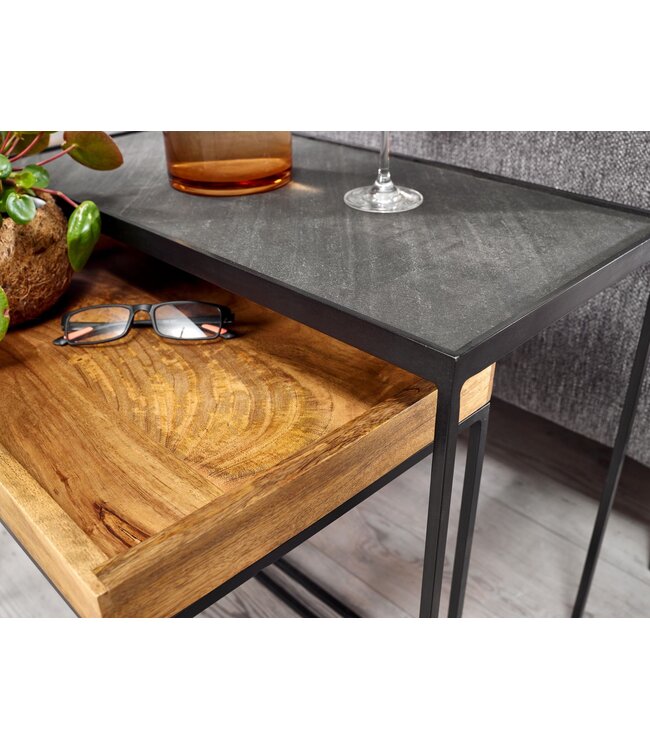 Wohnling salontafel set van 2 mango massief hout / steenlook bijzettafel vierkant | Design bijzettafel Industrieel | Salontafel Rechthoekige salontafel | Placemat 2-delige nesttafel