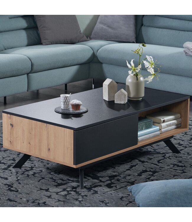 Wohnling Koffietafel Massif MDF Eiken Decor / Zwart 110x60x38 cm Salontafel | Tafel Woonkamer Rechthoekig met Opbergruimte | Woonkamertafel Industrieel met Lades | Grote Bijzettafel