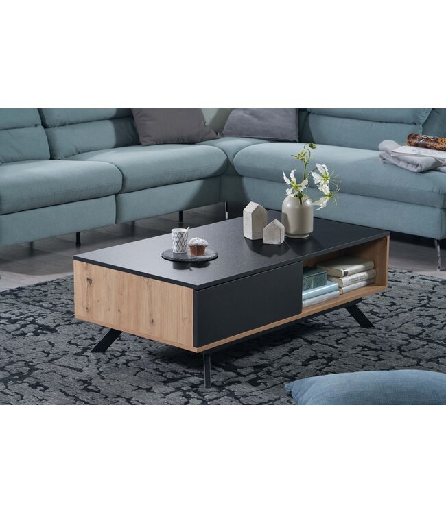 Wohnling Koffietafel Massif MDF Eiken Decor / Zwart 110x60x38 cm Salontafel | Tafel Woonkamer Rechthoekig met Opbergruimte | Woonkamertafel Industrieel met Lades | Grote Bijzettafel
