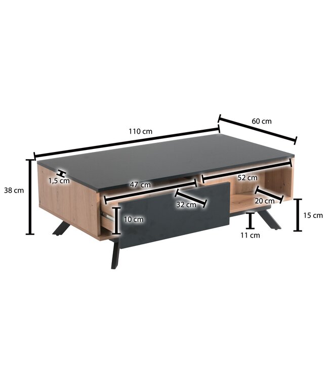 Wohnling Koffietafel Massif MDF Eiken Decor / Zwart 110x60x38 cm Salontafel | Tafel Woonkamer Rechthoekig met Opbergruimte | Woonkamertafel Industrieel met Lades | Grote Bijzettafel
