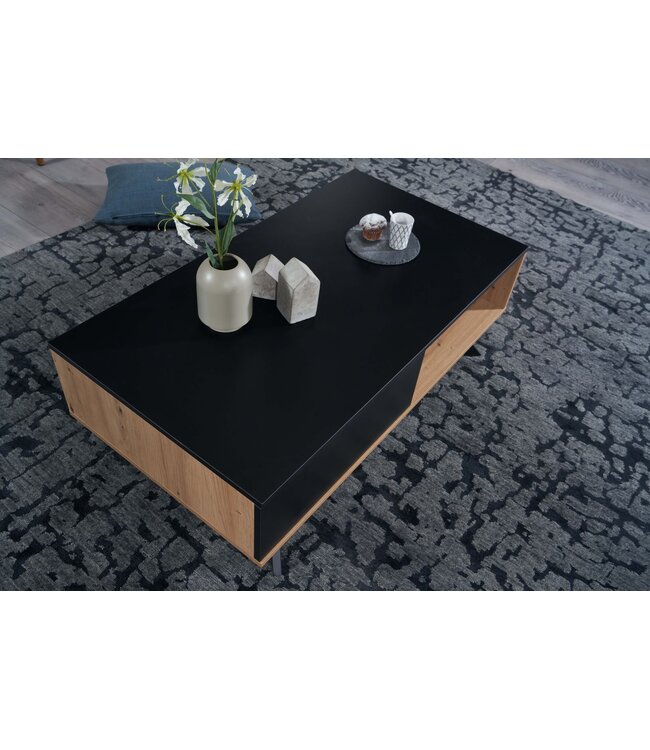 Wohnling Koffietafel Massif MDF Eiken Decor / Zwart 110x60x38 cm Salontafel | Tafel Woonkamer Rechthoekig met Opbergruimte | Woonkamertafel Industrieel met Lades | Grote Bijzettafel