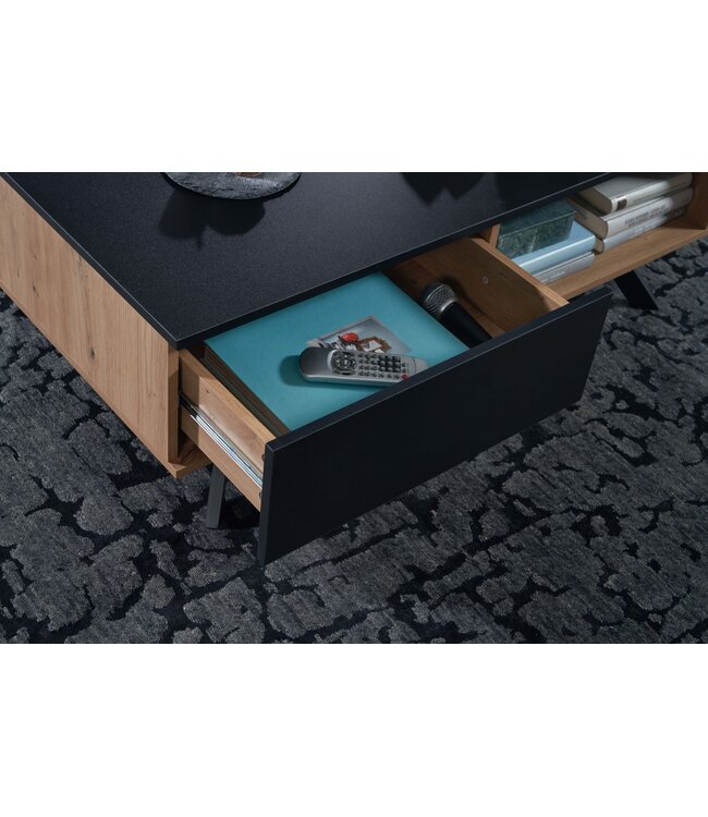 Wohnling Koffietafel Massif MDF Eiken Decor / Zwart 110x60x38 cm Salontafel | Tafel Woonkamer Rechthoekig met Opbergruimte | Woonkamertafel Industrieel met Lades | Grote Bijzettafel