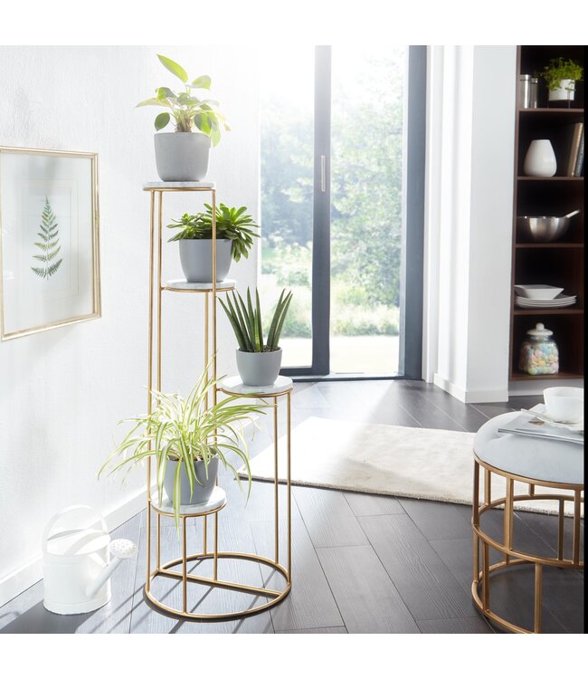 Wohnling Bloemenstandaard Echt Marmer Wit 36.5x107.5x36.5 cm Staande Goud | Plantenstandaard Bloemenkruk Woonkamer Vrijstaand met 4 Planken | Plantenplank Bloemenplank Groot Modern