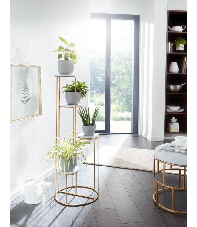 Wohnling Bloemenstandaard Echt Marmer Wit 36.5x107.5x36.5 cm Staande Goud | Plantenstandaard Bloemenkruk Woonkamer Vrijstaand met 4 Planken | Plantenplank Bloemenplank Groot Modern
