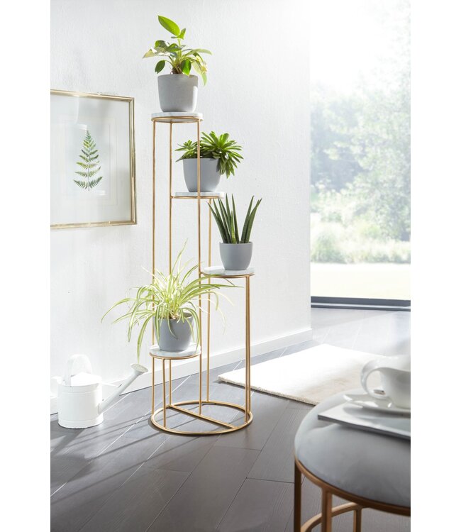 Wohnling Bloemenstandaard Echt Marmer Wit 36.5x107.5x36.5 cm Staande Goud | Plantenstandaard Bloemenkruk Woonkamer Vrijstaand met 4 Planken | Plantenplank Bloemenplank Groot Modern
