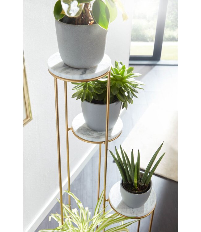 Wohnling Bloemenstandaard Echt Marmer Wit 36.5x107.5x36.5 cm Staande Goud | Plantenstandaard Bloemenkruk Woonkamer Vrijstaand met 4 Planken | Plantenplank Bloemenplank Groot Modern