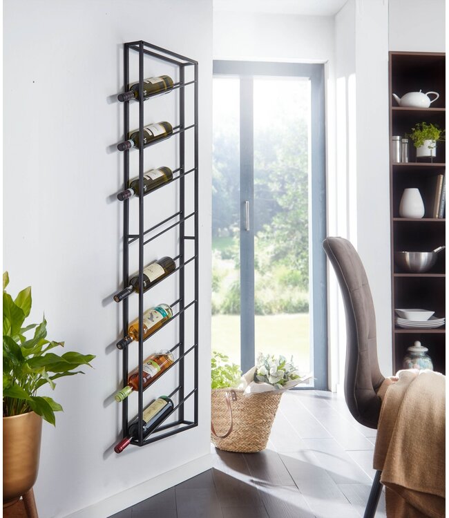 Wohnling Wijnrek Muur Metaal Zwart 36x150x8 cm Groot voor 8 Flessen | Design Wandplank voor de Keuken | Flessenrek Hangend Smalle Wijn Rek