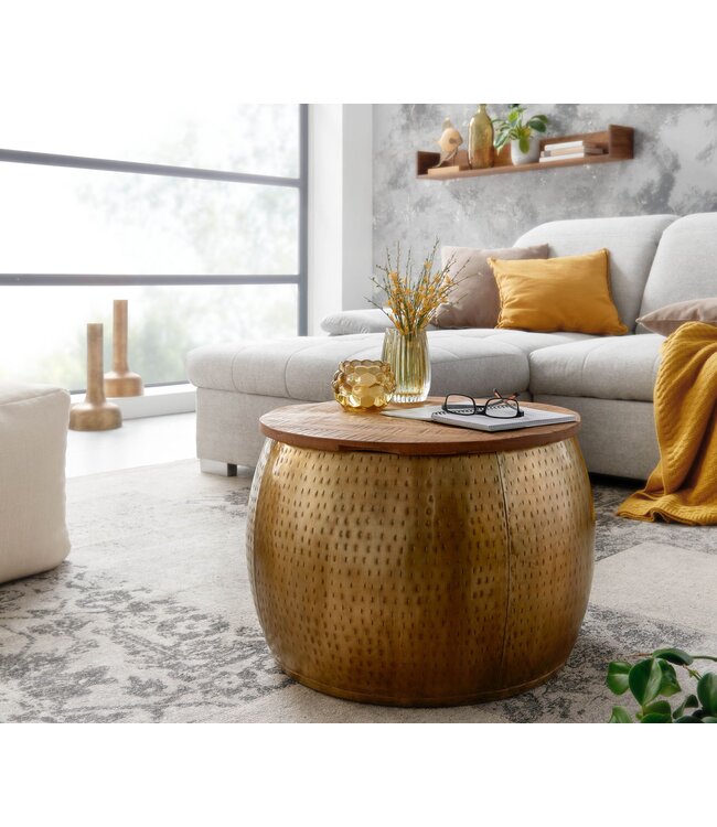 Wohnling Koffietafel Metaal en Massief Mango-Hout 60x60x40 cm Salontafel Goud | Ronde Tafel Woonkamer Moderne met Opbergruimte | Kleine Bijzettafel Woonkamertafel