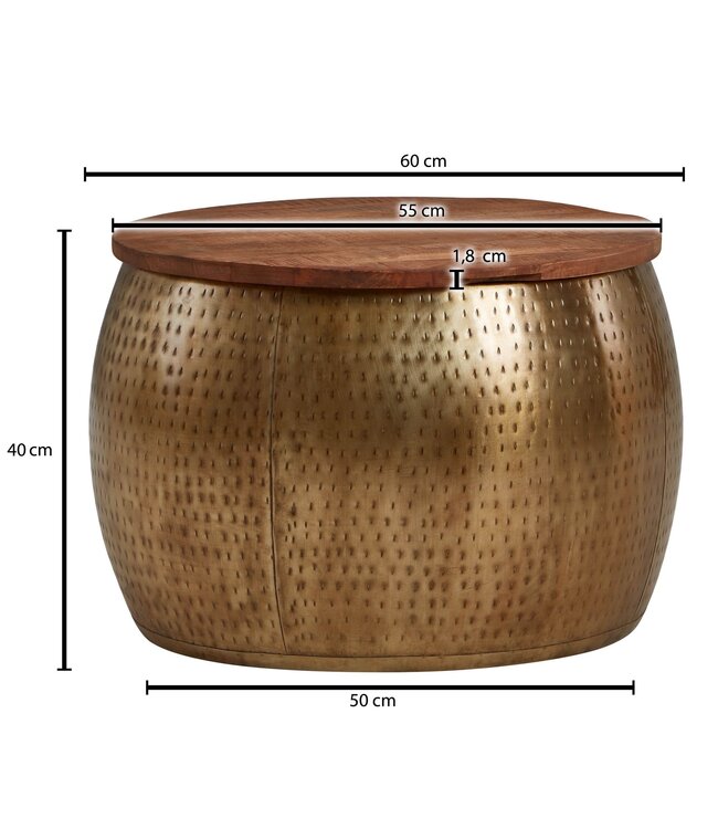 Wohnling Koffietafel Metaal en Massief Mango-Hout 60x60x40 cm Salontafel Goud | Ronde Tafel Woonkamer Moderne met Opbergruimte | Kleine Bijzettafel Woonkamertafel