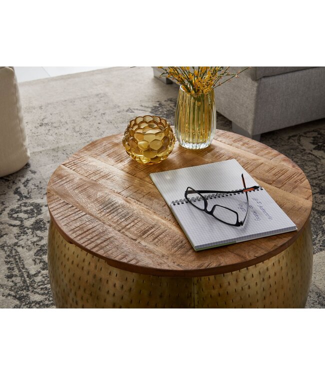 Wohnling Koffietafel Metaal en Massief Mango-Hout 60x60x40 cm Salontafel Goud | Ronde Tafel Woonkamer Moderne met Opbergruimte | Kleine Bijzettafel Woonkamertafel