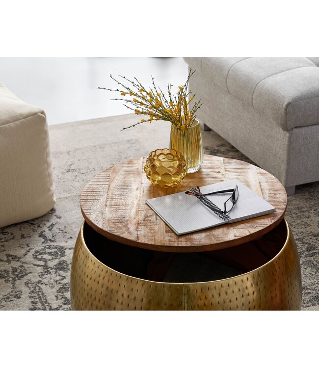 Wohnling Koffietafel Metaal en Massief Mango-Hout 60x60x40 cm Salontafel Goud | Ronde Tafel Woonkamer Moderne met Opbergruimte | Kleine Bijzettafel Woonkamertafel