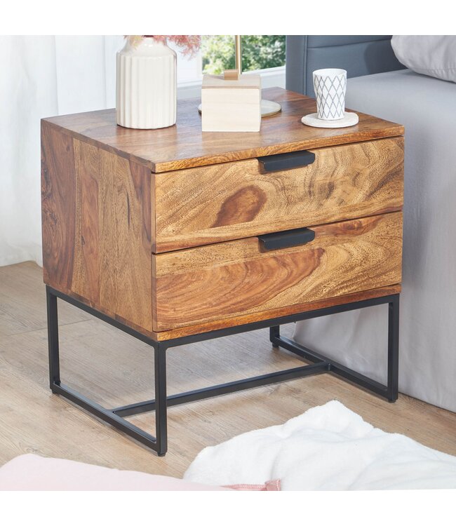 Wohnling Nachtkastje Boxspring Sheesham Massief Hout en Metaal 50x40x51 cm | Nachtkast Hoog Moderne | Design Bijzettafel met 2 Lades