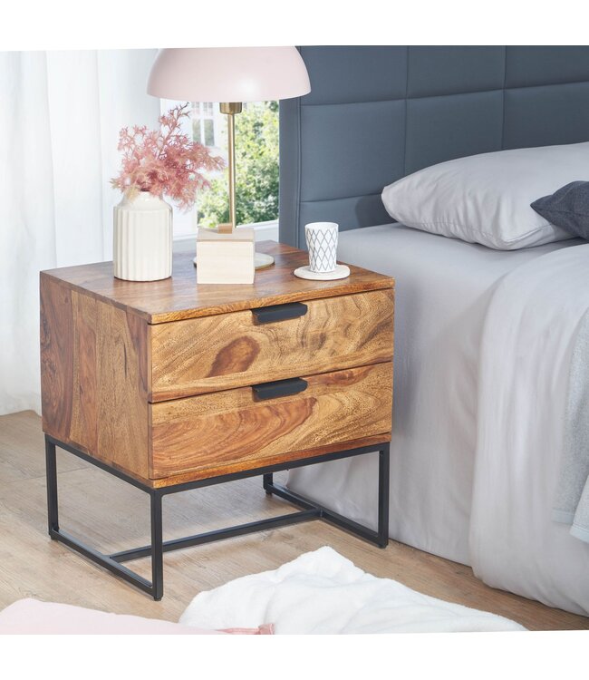Wohnling Nachtkastje Boxspring Sheesham Massief Hout en Metaal 50x40x51 cm | Nachtkast Hoog Moderne | Design Bijzettafel met 2 Lades