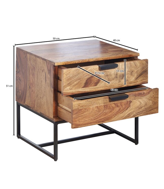 Wohnling Nachtkastje Boxspring Sheesham Massief Hout en Metaal 50x40x51 cm | Nachtkast Hoog Moderne | Design Bijzettafel met 2 Lades