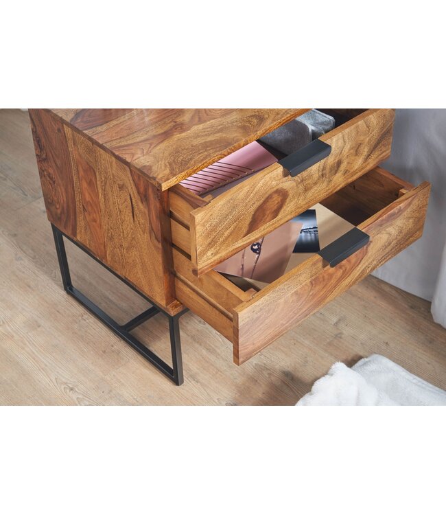 Wohnling Nachtkastje Boxspring Sheesham Massief Hout en Metaal 50x40x51 cm | Nachtkast Hoog Moderne | Design Bijzettafel met 2 Lades