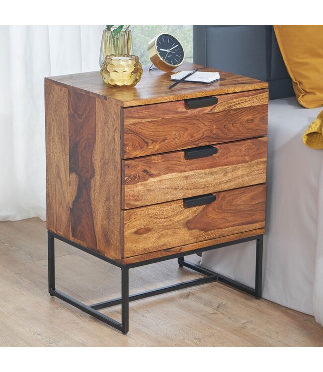Wohnling Nachtkastje Boxspring Sheesham Massief Hout en Metaal 50x40x65 cm | Nachtkast Hoog Moderne | Design Bijzettafel met 3 Lades