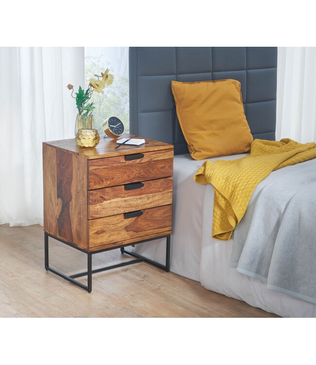 Wohnling Nachtkastje Boxspring Sheesham Massief Hout en Metaal 50x40x65 cm | Nachtkast Hoog Moderne | Design Bijzettafel met 3 Lades
