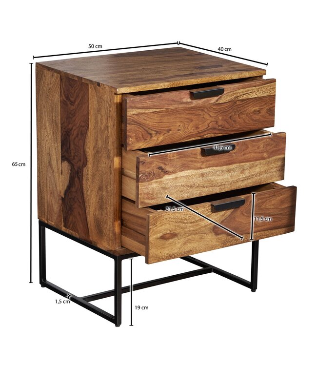 Wohnling Nachtkastje Boxspring Sheesham Massief Hout en Metaal 50x40x65 cm | Nachtkast Hoog Moderne | Design Bijzettafel met 3 Lades