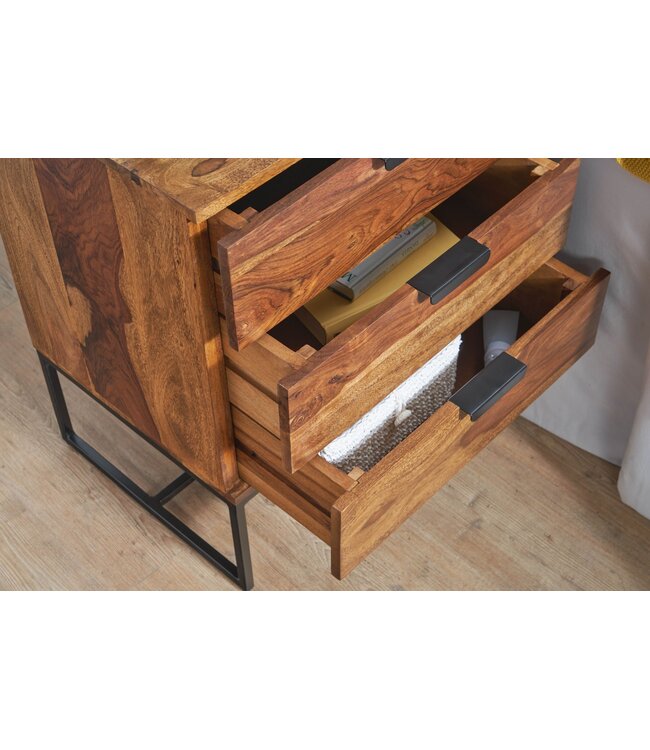 Wohnling Nachtkastje Boxspring Sheesham Massief Hout en Metaal 50x40x65 cm | Nachtkast Hoog Moderne | Design Bijzettafel met 3 Lades