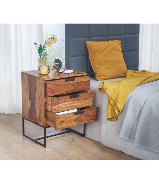 Wohnling Nachtkastje Boxspring Sheesham Massief Hout en Metaal 50x40x65 cm | Nachtkast Hoog Moderne | Design Bijzettafel met 3 Lades
