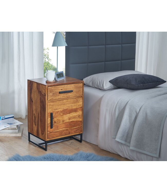 Wohnling Nachtkastje Boxspring Sheesham Massief Hout en Metaal 45x35x65 cm | Nachtkast Hoog Moderne | Design Bijzettafel met Lade en Deurtje