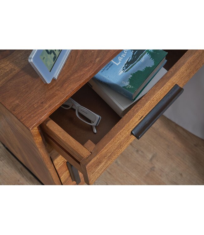 Wohnling Nachtkastje Boxspring Sheesham Massief Hout en Metaal 45x35x65 cm | Nachtkast Hoog Moderne | Design Bijzettafel met Lade en Deurtje