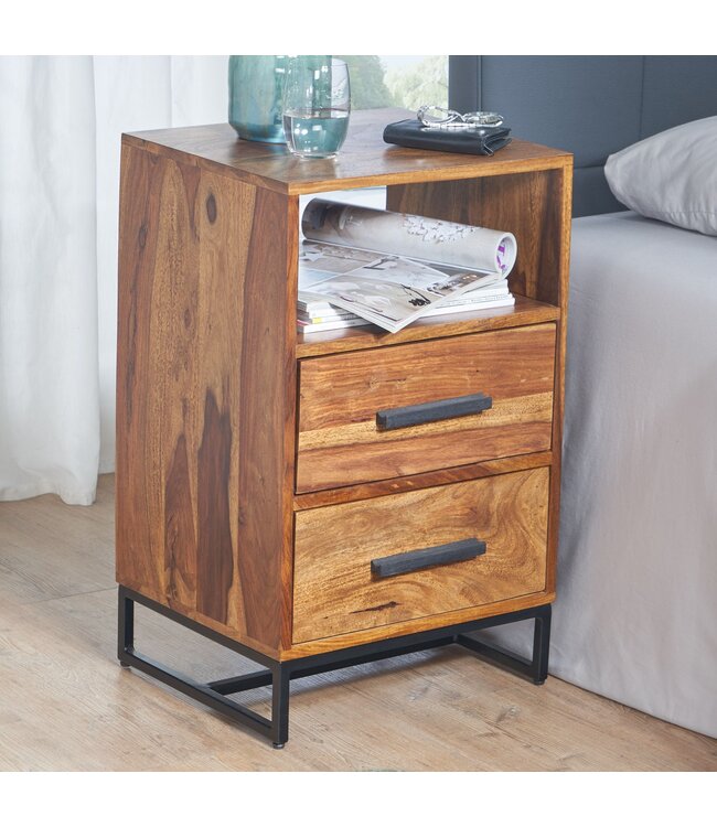 Wohnling Nachtkastje Boxspring Sheesham Massief Hout en Metaal 40x35x66 cm | Nachtkast Hoog Moderne met Opbergruimte | Design Bijzettafel met 2 Lades