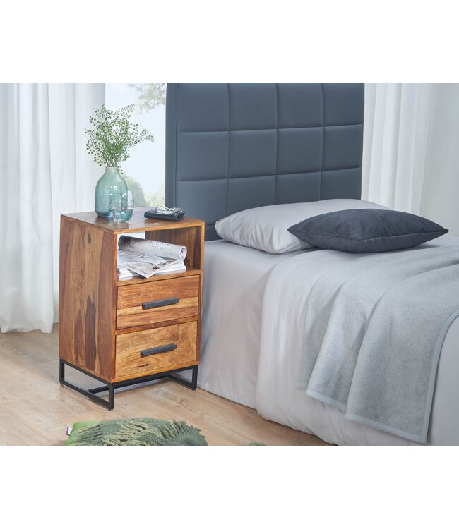Wohnling Nachtkastje Boxspring Sheesham Massief Hout en Metaal 40x35x66 cm | Nachtkast Hoog Moderne met Opbergruimte | Design Bijzettafel met 2 Lades
