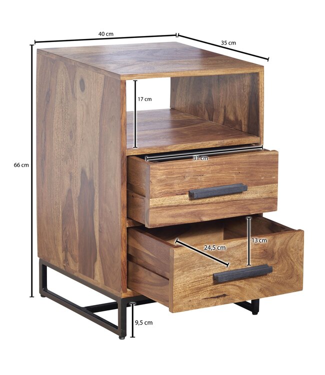 Wohnling Nachtkastje Boxspring Sheesham Massief Hout en Metaal 40x35x66 cm | Nachtkast Hoog Moderne met Opbergruimte | Design Bijzettafel met 2 Lades