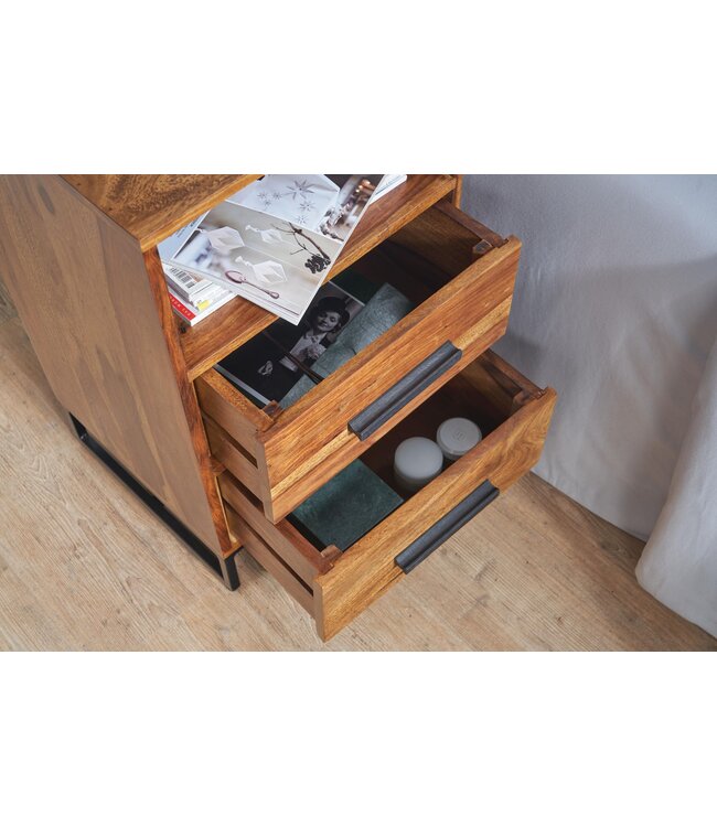 Wohnling Nachtkastje Boxspring Sheesham Massief Hout en Metaal 40x35x66 cm | Nachtkast Hoog Moderne met Opbergruimte | Design Bijzettafel met 2 Lades