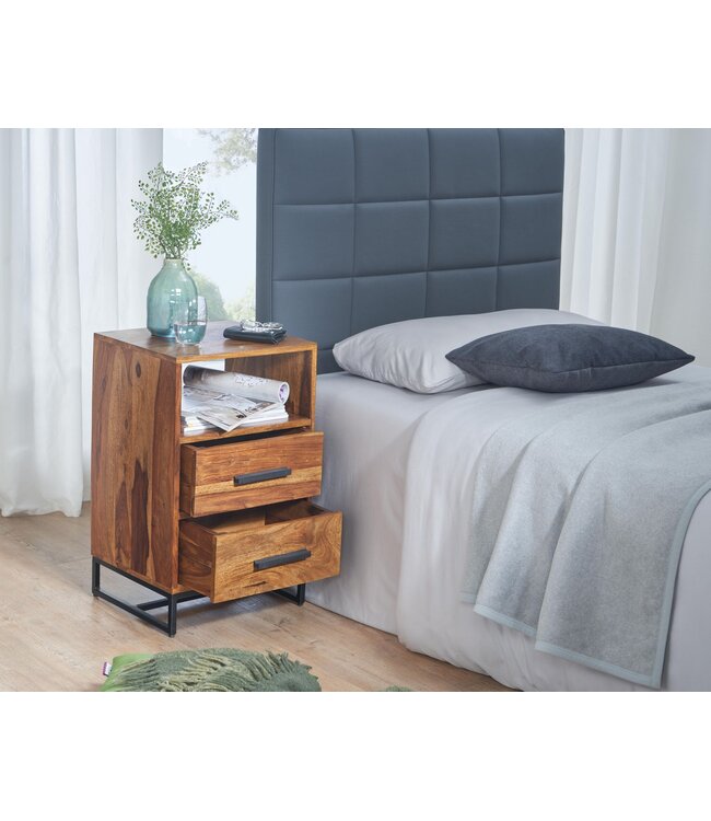Wohnling Nachtkastje Boxspring Sheesham Massief Hout en Metaal 40x35x66 cm | Nachtkast Hoog Moderne met Opbergruimte | Design Bijzettafel met 2 Lades