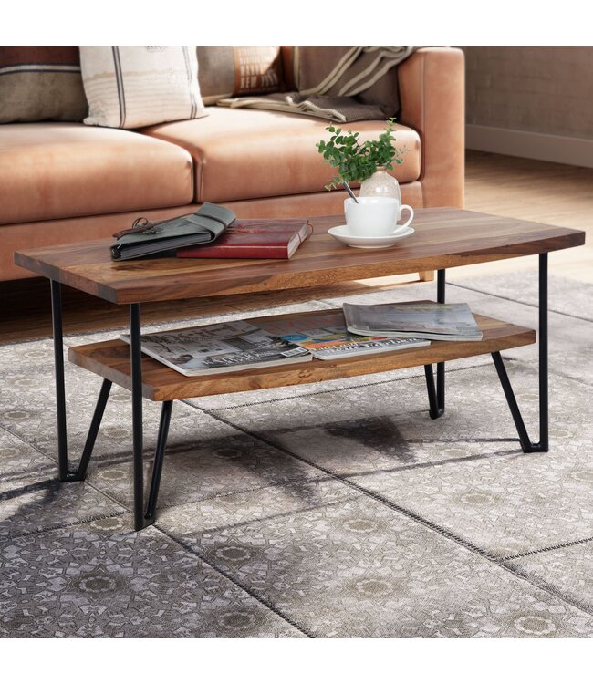 Wohnling Salontafel 90x50x40 cm Sheesham massief hout/metaal Banktafel Rechthoekig | Design woonkamertafel salontafel met opbergruimte | Houten tafel woonkamer industrieel vierrond