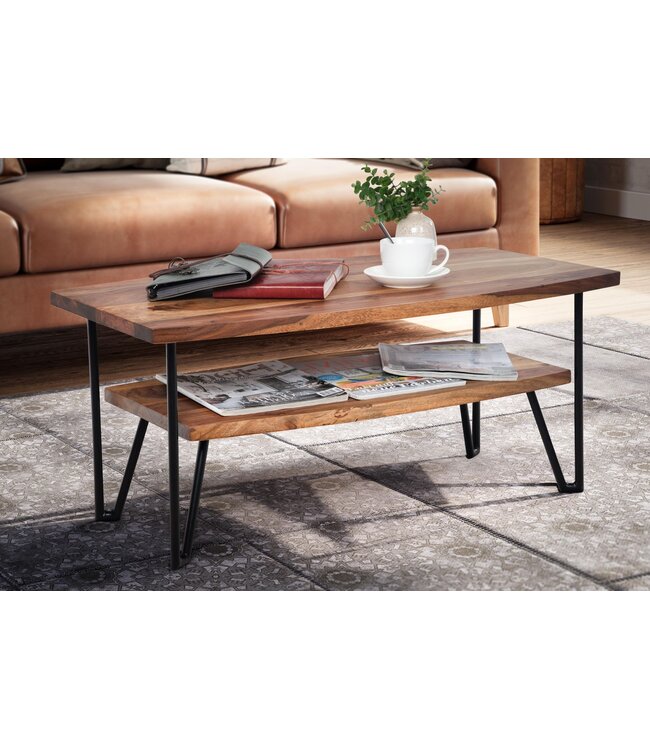 Wohnling Salontafel 90x50x40 cm Sheesham massief hout/metaal Banktafel Rechthoekig | Design woonkamertafel salontafel met opbergruimte | Houten tafel woonkamer industrieel vierrond