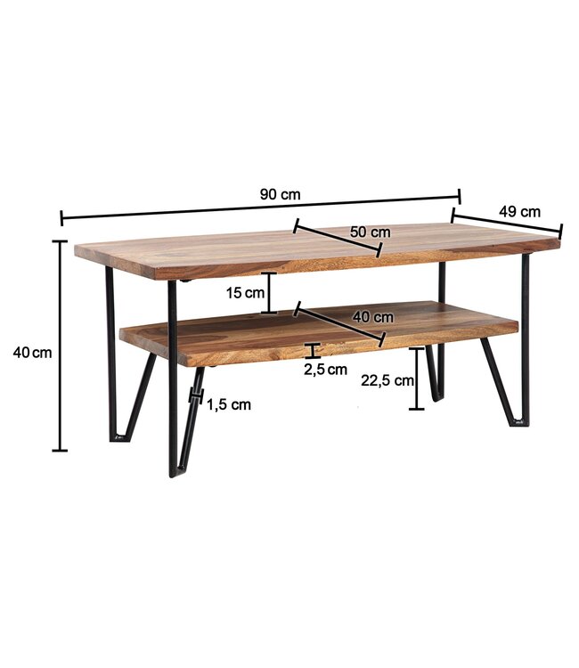 Wohnling Salontafel 90x50x40 cm Sheesham massief hout/metaal Banktafel Rechthoekig | Design woonkamertafel salontafel met opbergruimte | Houten tafel woonkamer industrieel vierrond