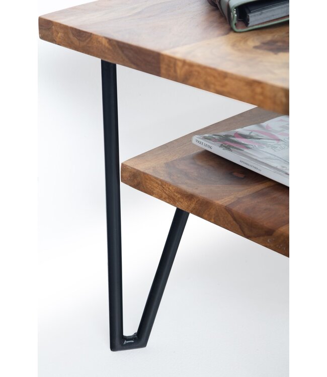 Wohnling Salontafel 90x50x40 cm Sheesham massief hout/metaal Banktafel Rechthoekig | Design woonkamertafel salontafel met opbergruimte | Houten tafel woonkamer industrieel vierrond