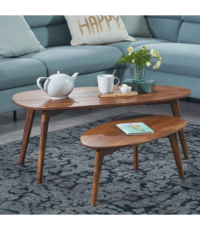 Wohnling Tafel Set Sheesham Massief Hout Salontafel Set van 2 Niervorm | Tafel Woonkamer Bijzettafel Bruin | Moderne Nesttafel Houten Tafel