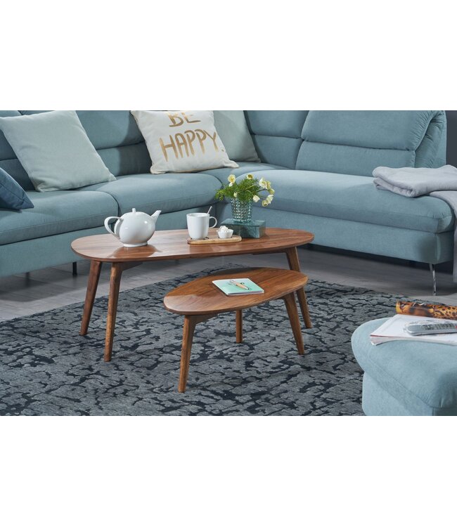 Wohnling Tafel Set Sheesham Massief Hout Salontafel Set van 2 Niervorm | Tafel Woonkamer Bijzettafel Bruin | Moderne Nesttafel Houten Tafel