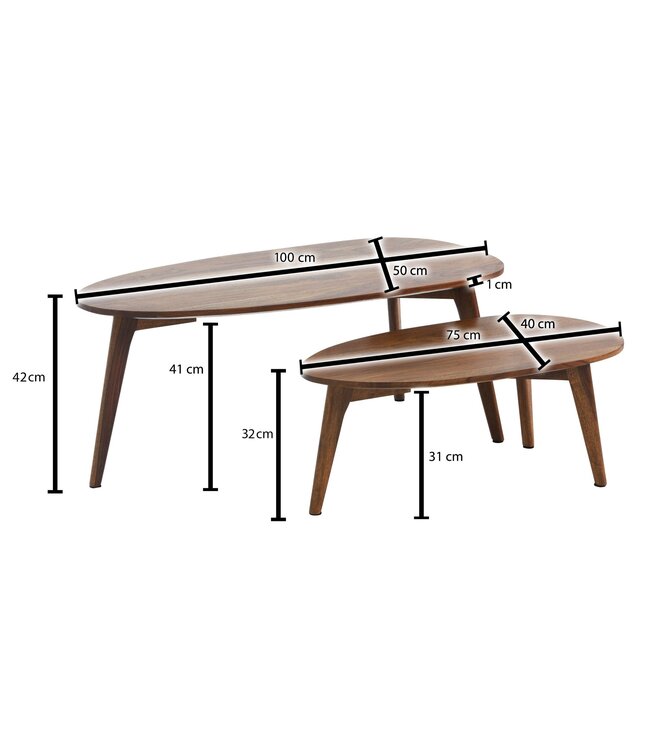 Wohnling Tafel Set Sheesham Massief Hout Salontafel Set van 2 Niervorm | Tafel Woonkamer Bijzettafel Bruin | Moderne Nesttafel Houten Tafel