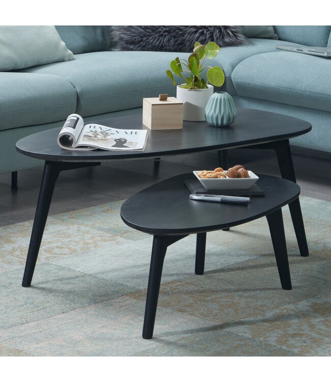 Wohnling Tafel Set Mango Massief Hout Salontafel Set van 2 Niervorm | Tafel Woonkamer Bijzettafel Zwart | Moderne Nesttafel Houten Tafel