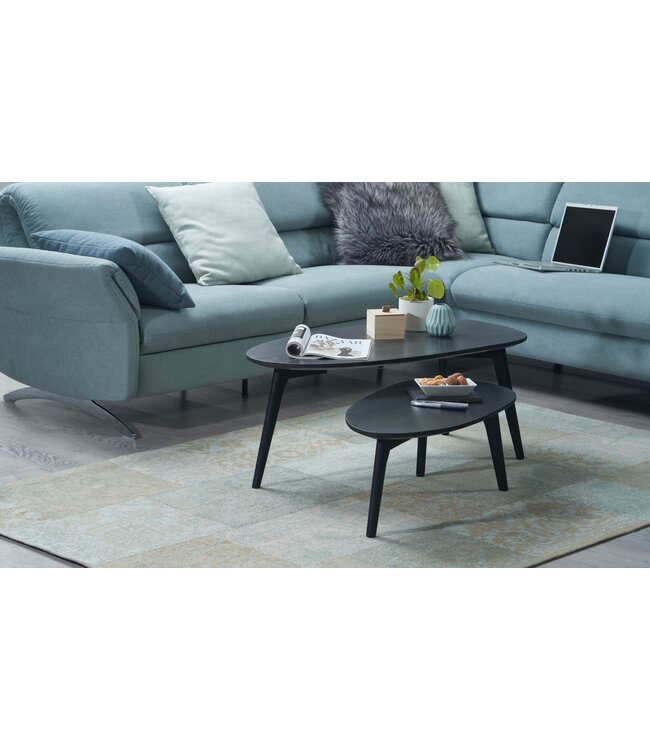 Wohnling Tafel Set Mango Massief Hout Salontafel Set van 2 Niervorm | Tafel Woonkamer Bijzettafel Zwart | Moderne Nesttafel Houten Tafel
