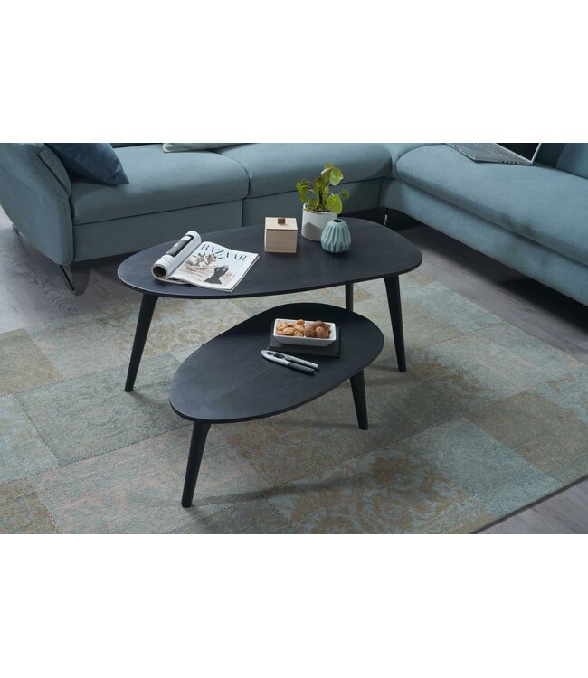 Wohnling Tafel Set Mango Massief Hout Salontafel Set van 2 Niervorm | Tafel Woonkamer Bijzettafel Zwart | Moderne Nesttafel Houten Tafel