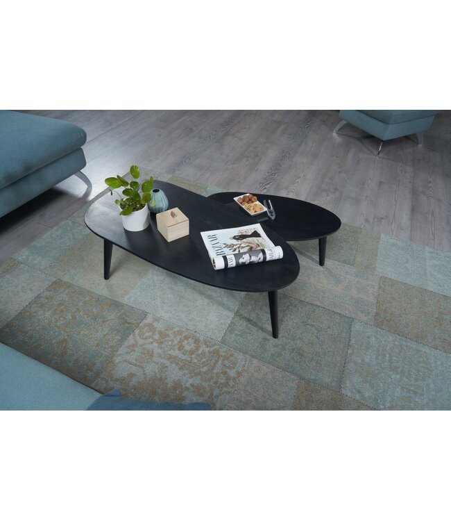 Wohnling Tafel Set Mango Massief Hout Salontafel Set van 2 Niervorm | Tafel Woonkamer Bijzettafel Zwart | Moderne Nesttafel Houten Tafel