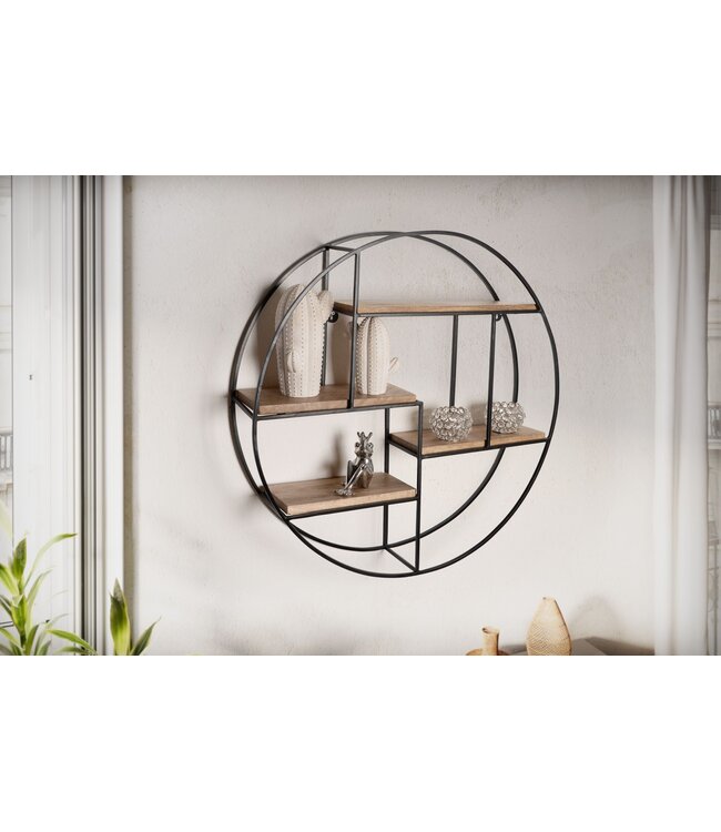 Wohnling Wandplank 70x70x18 cm mango massief hout/metaal hangplank rond | Klein design zwevend plankje Industrieel | Plank hangende woonkamer | Boekenplank muur