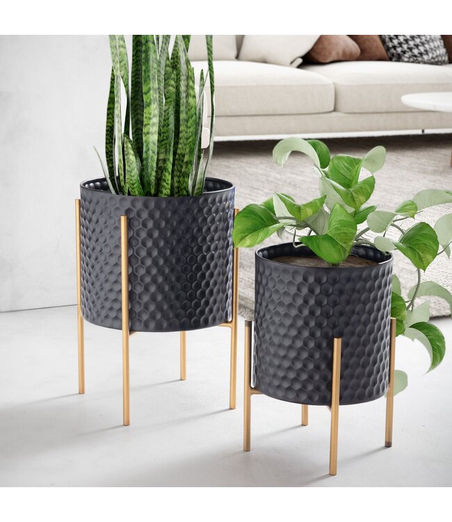 Wohnling bloempot set van 2 metalen plantenpotten zwart/goud met poten | Design plantenpot rond binnen | Bloempot plantenbak met honingraatpatroon in 3D