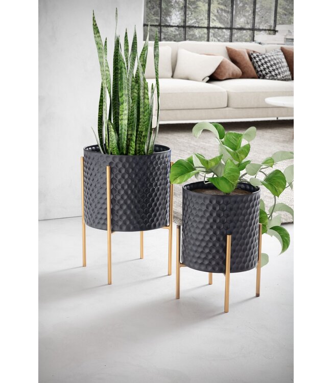 Wohnling bloempot set van 2 metalen plantenpotten zwart/goud met poten | Design plantenpot rond binnen | Bloempot plantenbak met honingraatpatroon in 3D