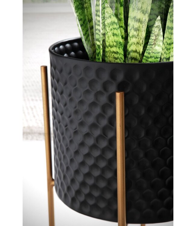 Wohnling bloempot set van 2 metalen plantenpotten zwart/goud met poten | Design plantenpot rond binnen | Bloempot plantenbak met honingraatpatroon in 3D