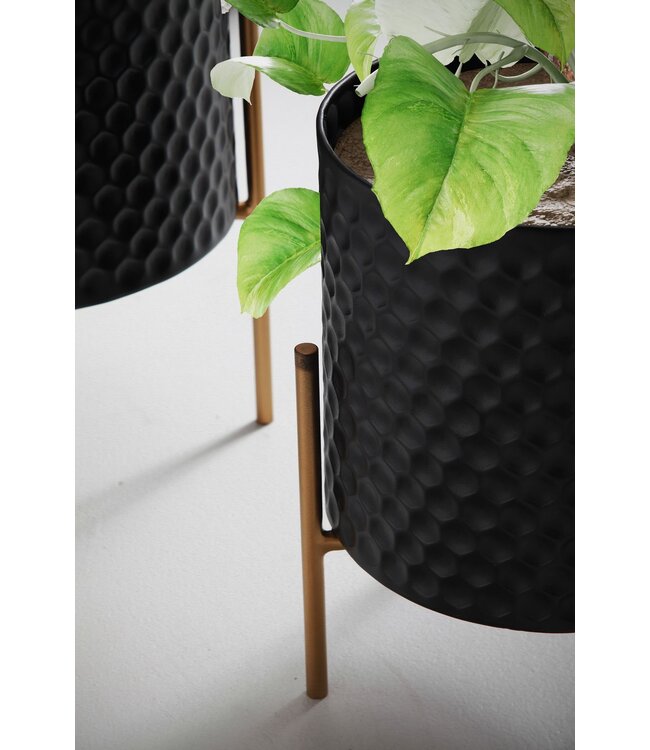 Wohnling bloempot set van 2 metalen plantenpotten zwart/goud met poten | Design plantenpot rond binnen | Bloempot plantenbak met honingraatpatroon in 3D